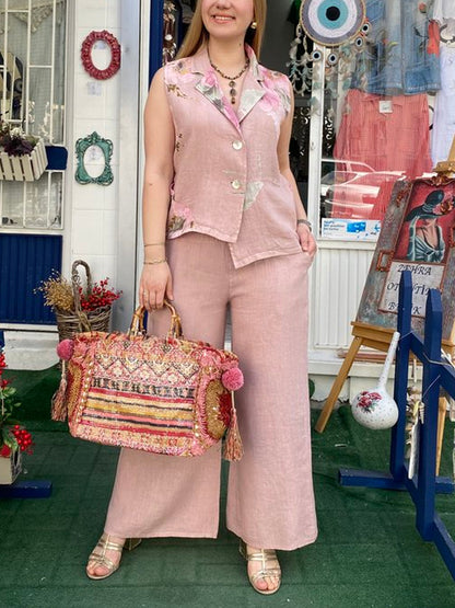 Cotton and Linen Printed Holiday Temperament Women's Suit