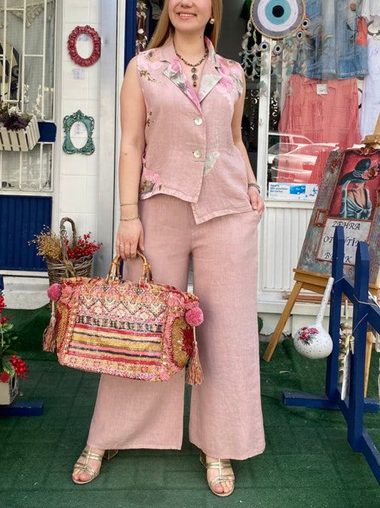 Cotton and Linen Printed Holiday Temperament Women's Suit