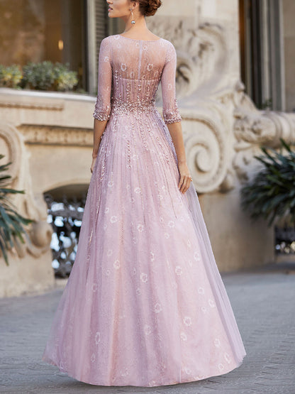 Round Neck Mesh Lace Solid Color Maxi Dress