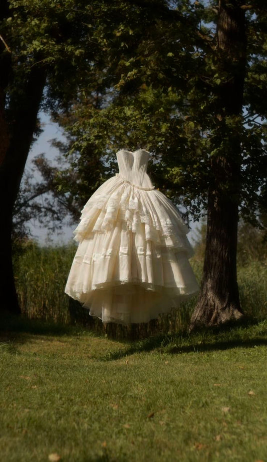 Ivory Ball Gown Strapless Corset Lace Satin Long Prom Dress Wedding Dress SH3816