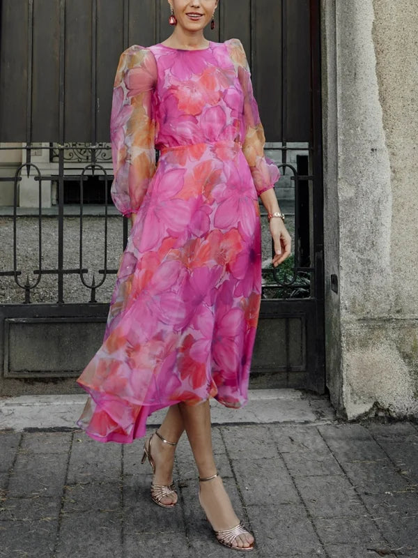 Puff Sleeve Temperament Chiffon Printed Women's Dress