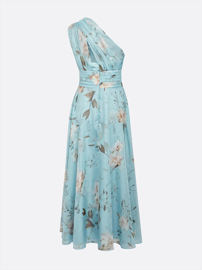 Light Blue Chiffon One Shoulder Sleeveless A-Line Maxi Dress