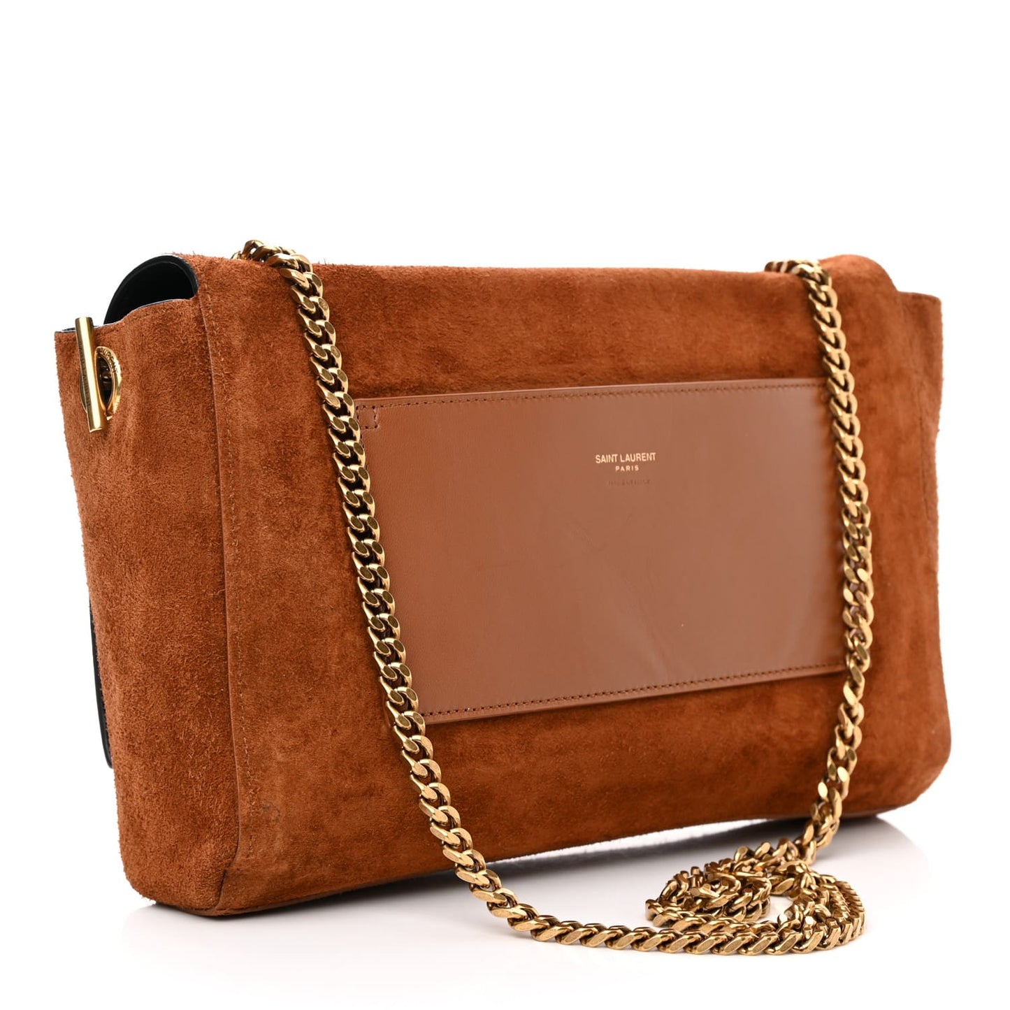 Saint Laurent  Calfskin Crocodile Embossed Suede Medium Reversible Monogram Kate Satchel Military Taupe