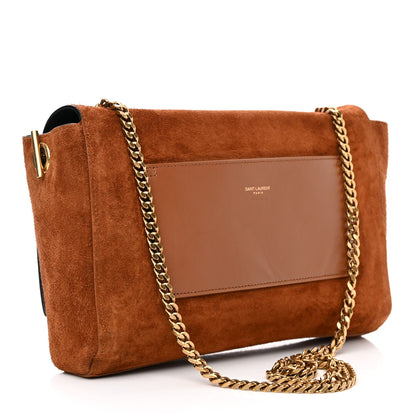 Saint Laurent  Calfskin Crocodile Embossed Suede Medium Reversible Monogram Kate Satchel Military Taupe