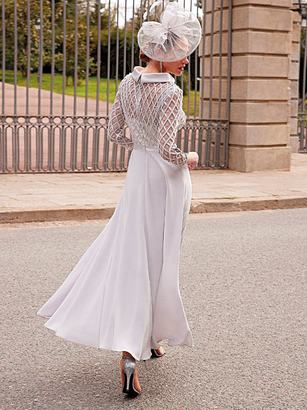 Round Neck Mesh Solid Color Midi Dress