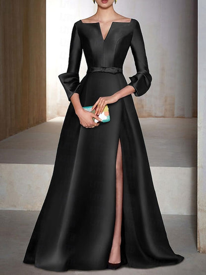 Long Sleeve V Neck Satin Evening Dress