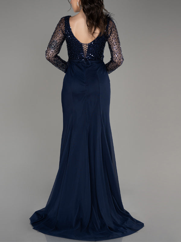 V-neck Long Sleeves Sequin Solid Color Maxi Dress