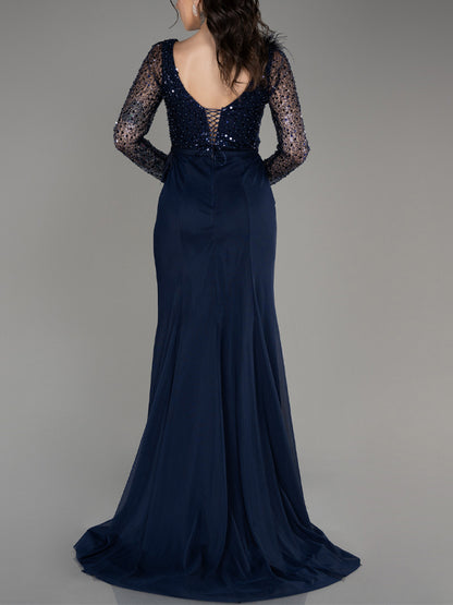 V-neck Long Sleeves Sequin Solid Color Maxi Dress