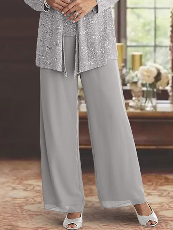 Sequins Chiffon Cardigan Wide Leg Pants Women's Three Piece Sets