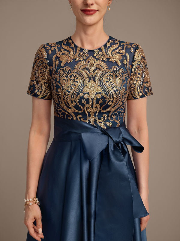 Round Neck Printed Patchwork Midi Dress