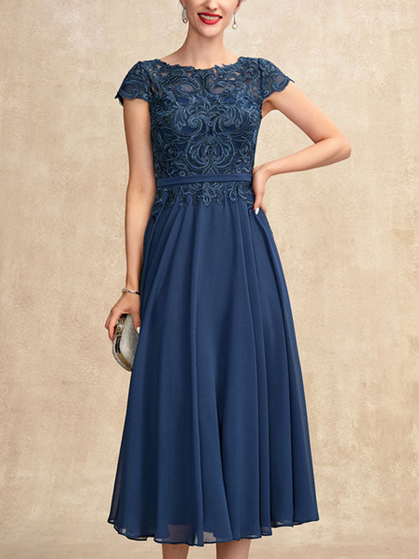A-Line Scoop Neck Tea-Length Chiffon Lace Mother of the Bride Dress