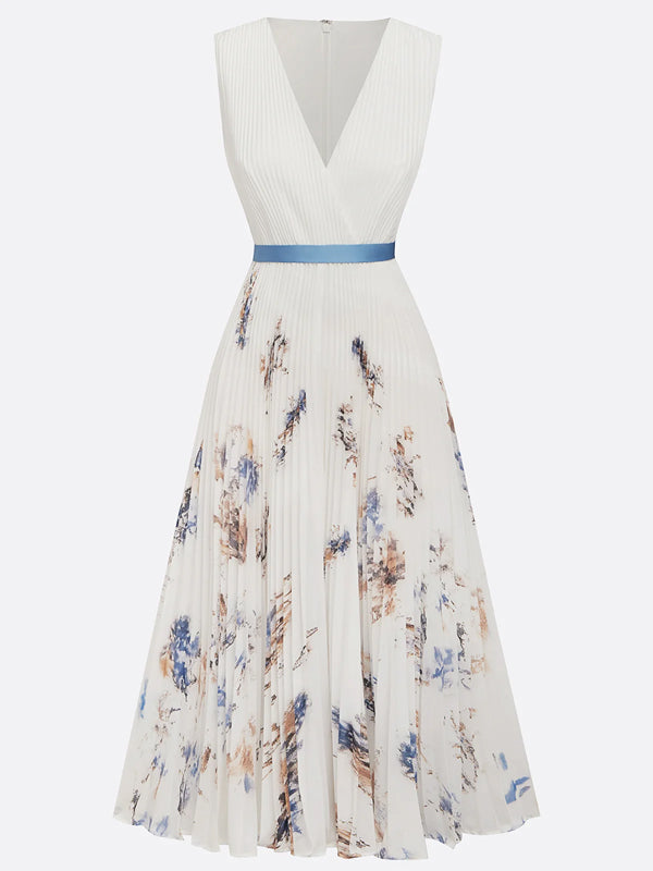 White Pleated Printing Chiffon V Neck Sleeveless A-Line Maxi Dress