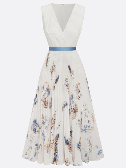 White Pleated Printing Chiffon V Neck Sleeveless A-Line Maxi Dress