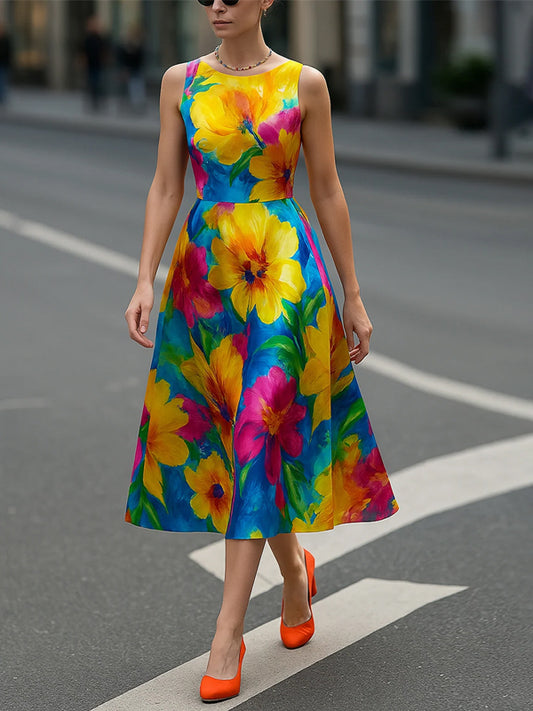 Colorful Round Neck Sleeveless Midi Dress