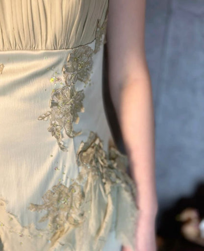 Gentle Green Sheath Spaghetti Strap Appliques Satin Chiffon Prom Dress Evening Dress SH2668