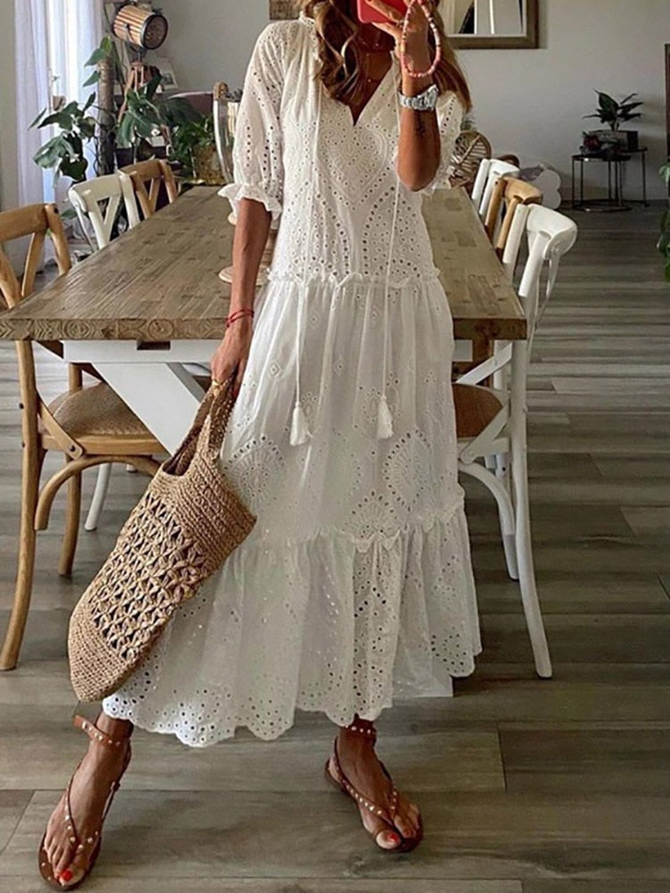 loveedsTM-Summer Fashion Floral Print Holiday Long Dress Casual Loose Drawstring Half Sleeve Dress Women V Neck Chic Ruffled Boho Dresses