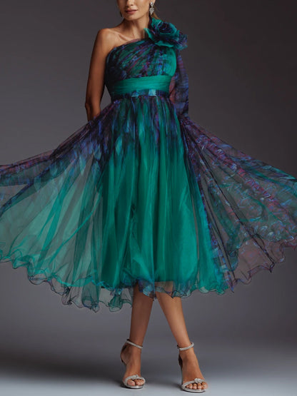 Off-shoulder Mesh Print Midi Dress