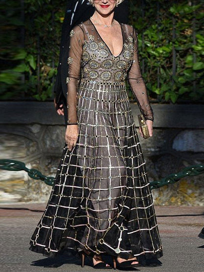 Temperament Gold Line Elegant Catwalk Ladies Dress