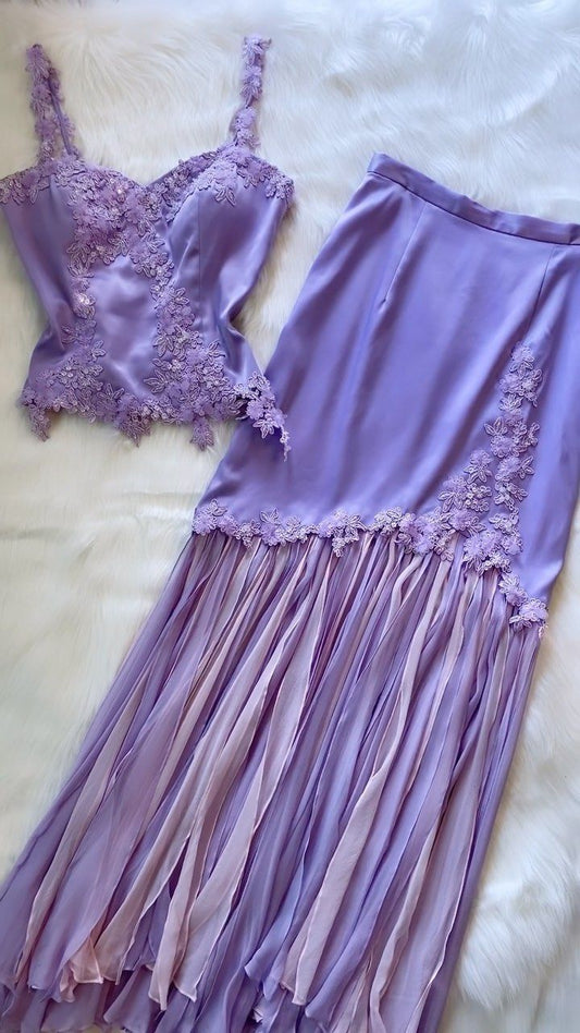Purple Pretty Sweet Elegant Sweetheart Neckline Delicate Floral Lace Long Chiffon Ball Gown Evening Dress Holiday Party Dress Two Piece Prom Dress gh3821