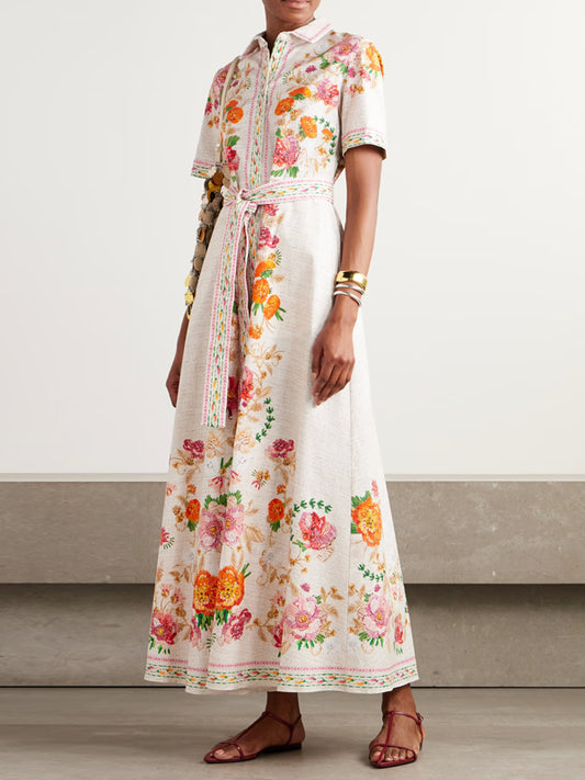 Belted Floral-print Cotton-poplin Midi Shirt Dress