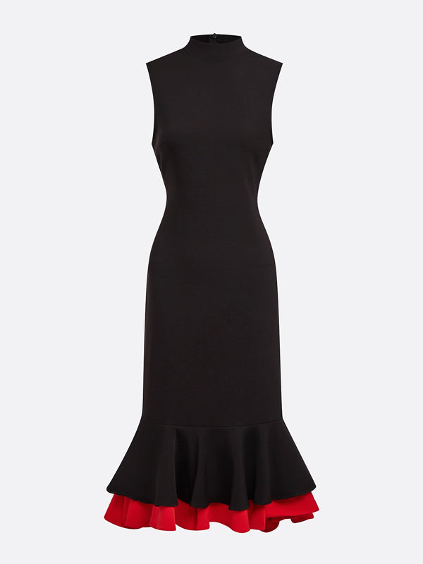 Elegant Color Block Split Joint Stand Collar Midi Dress