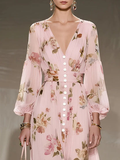 Floral Chiffon V Neck Long Sleeve Balloon Sleeve A-Line Maxi Dress