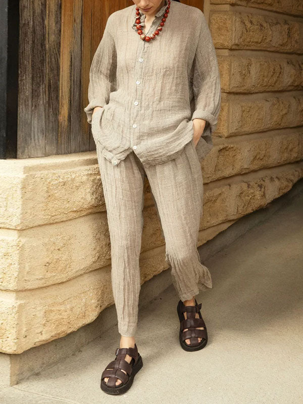 Vintage Pleated Simple Cotton and Linen Women's Sets