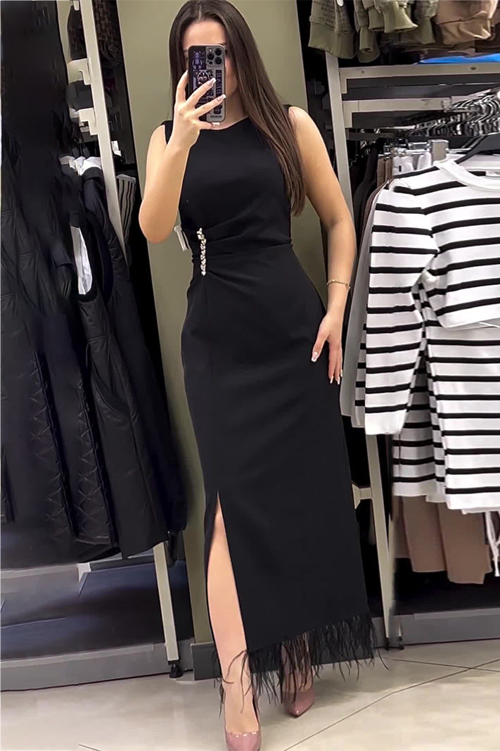 loveedsTM-Round neck solid color sleeveless slim fit hem tassel dress