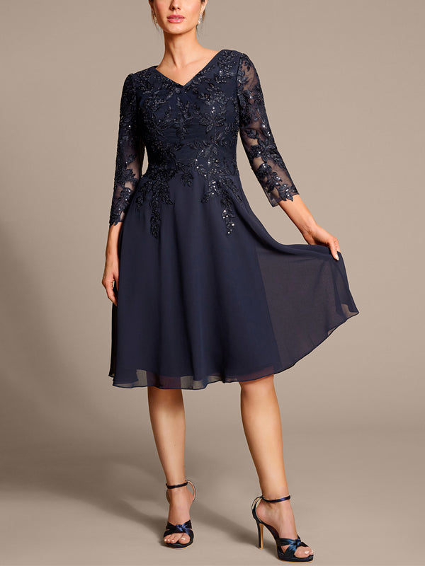 V-neck Lace Solid Color Midi Dress