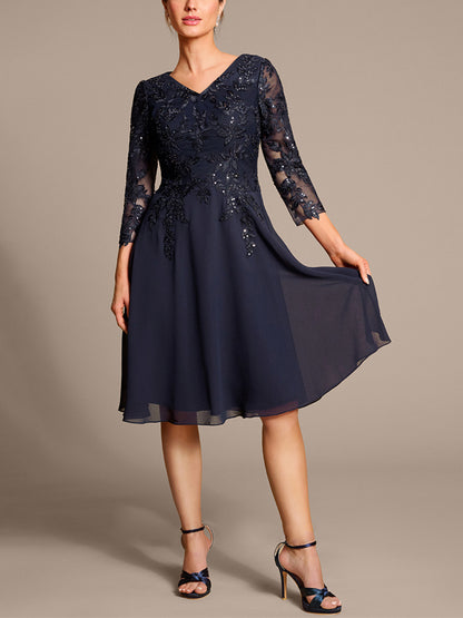 V-neck Lace Solid Color Midi Dress