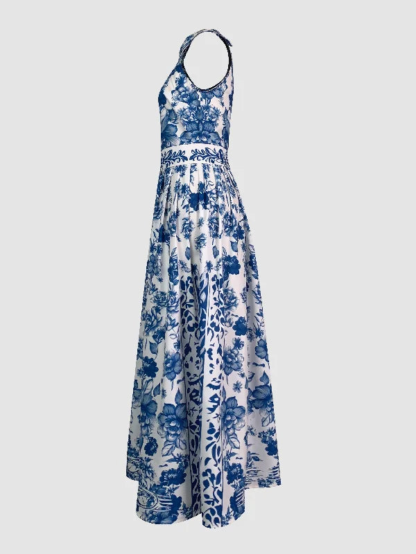A-Line Loose Flower Print Split-Joint Lapel Maxi Dress