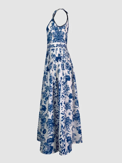A-Line Loose Flower Print Split-Joint Lapel Maxi Dress