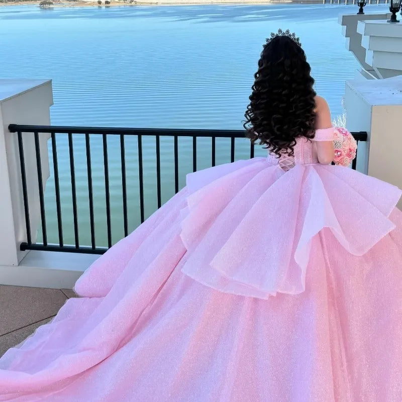 Pretty Ball Gown Off The Shoulder Pink Tulle Long Quinceanera Dress Formal Gowns Vestido De 15 Anos Sweet 16 Dress DH1841