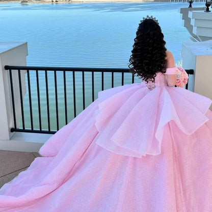 Pretty Ball Gown Off The Shoulder Pink Tulle Long Quinceanera Dress Formal Gowns Vestido De 15 Anos Sweet 16 Dress DH1841
