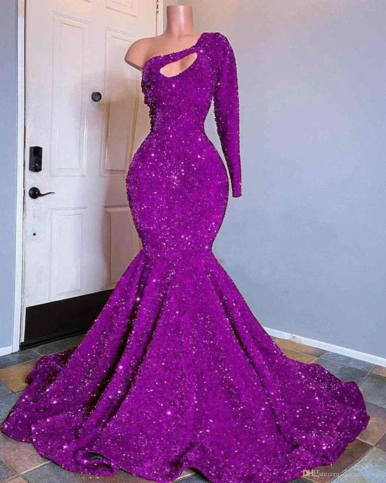Red Sequined Mermaid Prom Dresses One Shoulder Long Sleeve Sequined Keyhole Prom Gowns   cg15792