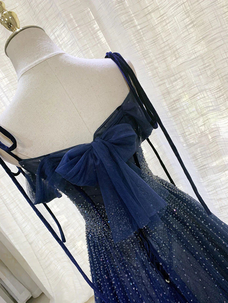 Shiny Navy Blue Tulle Straps Long Prom Dresses Party Dresses, A-line Beaded Prom Dresses      fg5018