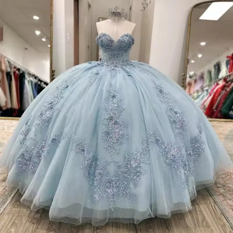 Sparkly Light Blue Quinceanera Dress Cape Flower Lace Vestidos de 15 Anos Birthday Party Princess Ball Gown   fg7914