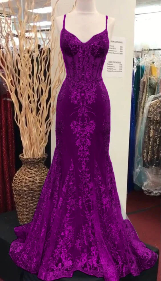 Charming V Neck Lace Mermaid Prom Dress Long Evening Dress       fg5452
