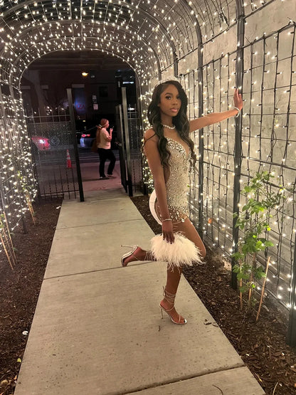 Sexy Sheer Diamond Short Prom Black Girls Sexy Birthday Party African Mini Dresses Homecoming   fg8149