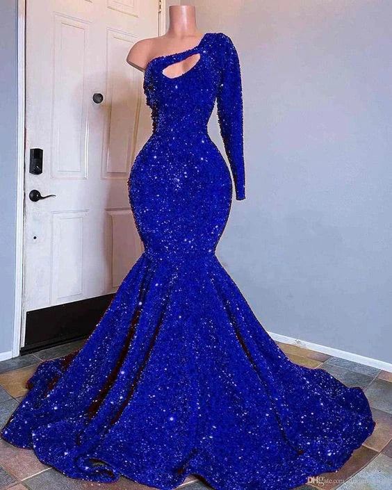 Red Sequined Mermaid Prom Dresses One Shoulder Long Sleeve Sequined Keyhole Prom Gowns   cg15792