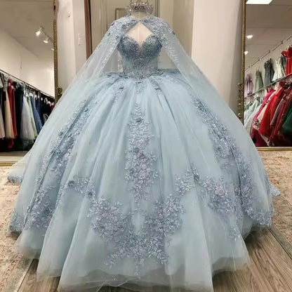 Sparkly Light Blue Quinceanera Dress Cape Flower Lace Vestidos de 15 Anos Birthday Party Princess Ball Gown   fg7914