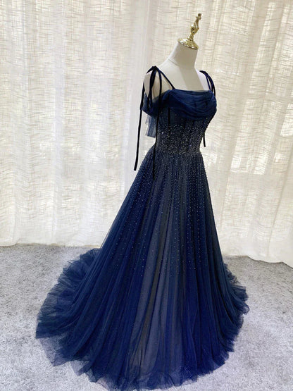 Shiny Navy Blue Tulle Straps Long Prom Dresses Party Dresses, A-line Beaded Prom Dresses      fg5018