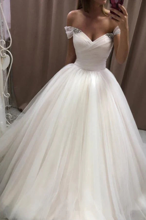 Off The Shoulder Tulle Sweetheart White Wedding Prom Dresses Bridal Gown         cg23704