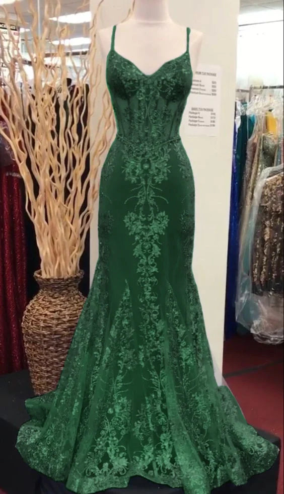 Charming V Neck Lace Mermaid Prom Dress Long Evening Dress       fg5452