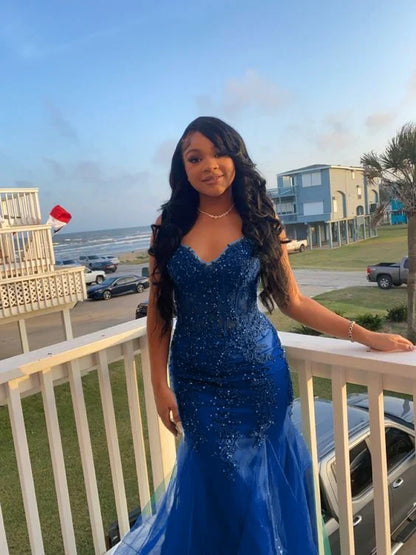 Dark Green Mermaid Tulle Lace Prom Dress Winter Formal Gown      fg4863