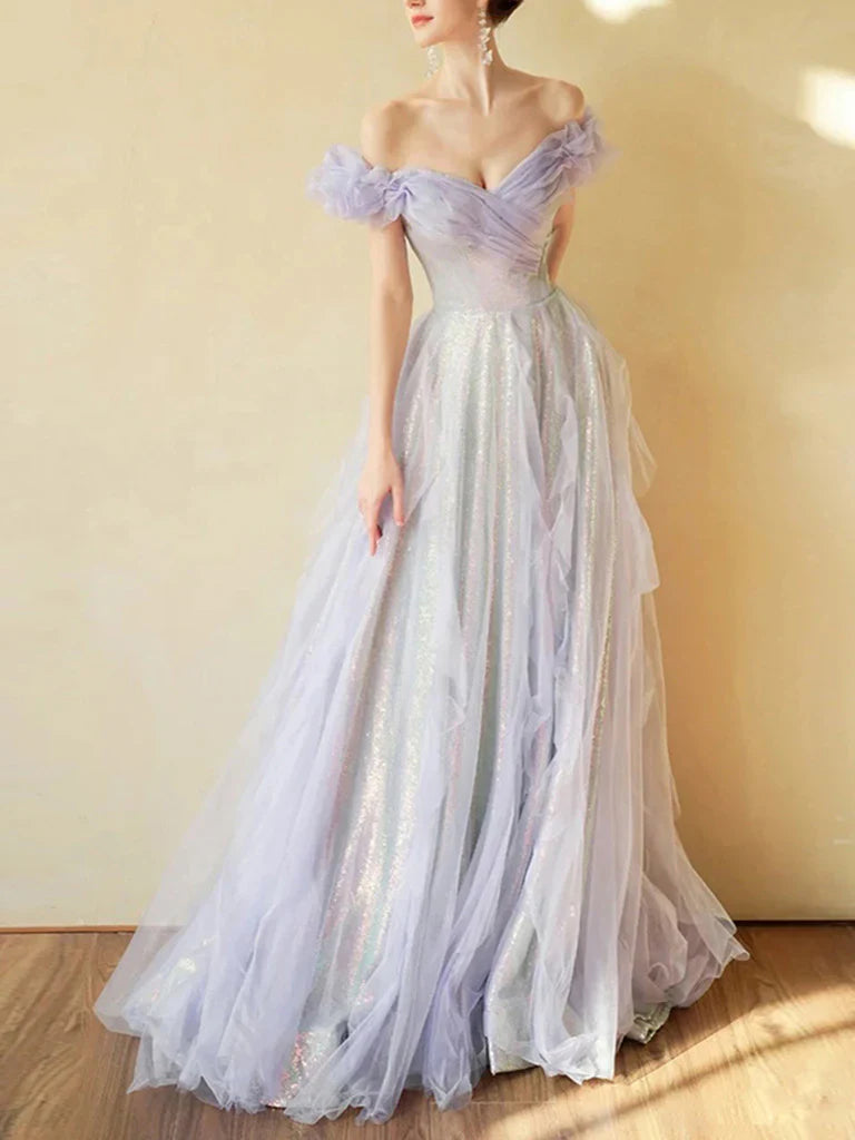Off Shoulder Sequin Tulle Long Prom Dress, Formal Evening Dresses         fg4970