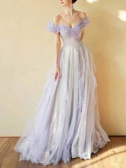 Off Shoulder Sequin Tulle Long Prom Dress, Formal Evening Dresses         fg4970