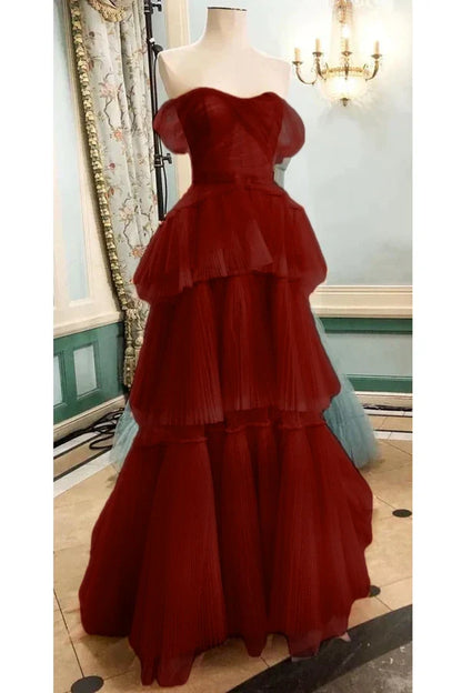 Off The Shoulder Tulle Tiered Long Prom Dress, A Line Evening Gown   cg24857