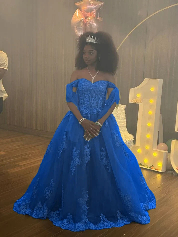 A Line Green Tulle Lace Princess Dresses Off the Shoulder Party Ball Gowns         fg6204