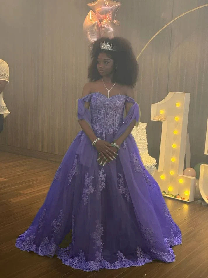 A Line Green Tulle Lace Princess Dresses Off the Shoulder Party Ball Gowns         fg6204